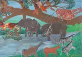 Carl McKenzie, African Jungle Scene with Animals and Human Figures, Oil on canvas