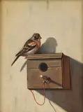 Jack Hartert, Finch Perched on Birdhouse, Oil on board