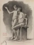 Valentin Serov, Academic Nude Study of a Man and Boy -, Charcoal on paper