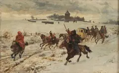 Rudolf Otto von Ottenfeld, Cossacks on the Move in Snowy Landscape -, Oil on wood panel