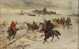 Rudolf Otto von Ottenfeld, Cossacks on the Move in Snowy Landscape -, Oil on wood panel