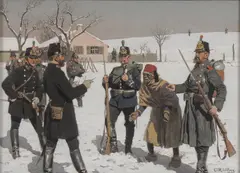 Carl Röchling, Soldiers with Zouave Prisoner in Winter -, Watercolor and Gouache