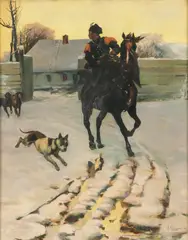 Rider with Dogs in Winter Landscape - by Bohdan Kleczyński, Oil on canvas, sold Apr 2023
