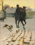 Bohdan Kleczyński, Rider with Dogs in Winter Landscape -, Oil on canvas