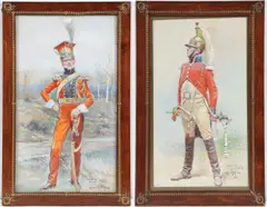 Matching pair of Napoleonic Wars French Soldier Portraits - Colonel of the Lancers and a Trumpeter of the Dragoons - by Alphonse Lalauze, Watercolor and gouache, sold Apr 2023