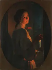 Giuseppe Mazzolini, A Beauty Illuminated by Candlelight, Oil on canvas laid with feigned oval