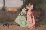 French School, Two Beauties with Flowers in a Courtyard, Oil on Canvas