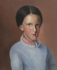 H. Leithe, Portrait of a Young Girl in Blue Dress with Lace Collar ‐, Oil on canvas
