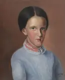 H. Leithe, Portrait of a Young Girl in Blue Dress with Lace Collar ‐, Oil on canvas