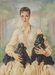Portrait of a Woman Holding Poodles ‐‐ Purportedly Actress Deborah Kerr - by Alexander Rosenfeld, Oil on canvas, sold Apr 2023