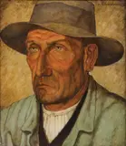Wilhelm Fahrenbruch, Portrait of a Man in a Brown Hat ‐, Oil on wood panel