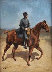 Mounted Cavalry Man by German School, Oil on canvas, sold Apr 2023