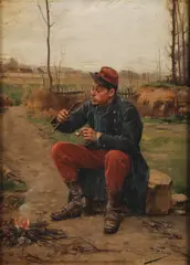 A Moments Rest - Soldier Lighting a Pipe by Paul Grolleron, Oil on wood panel, sold Apr 2023