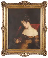Love Sick-portrait of young woman holding miniature portrait by George Henry Harlow, Oil on canvas, sold Apr 2023