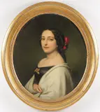 Portrait of a Young Beauty with Flowers in Hair - by Continental School, Oil on canvas, sold Apr 2023