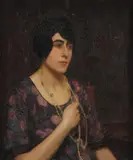 Portrait of a Woman in a Floral Dress and Necklace ‐ by American School, Oil on canvas, sold Apr 2023