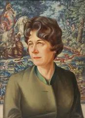 Kurt Geibel-Hellmeck, Portrait of a Woman in Front of Old Tapestry ‐, Oil on canvas laid down