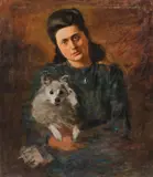 German School, Portrait of a Woman Holding Her Dog ‐, Oil on canvas