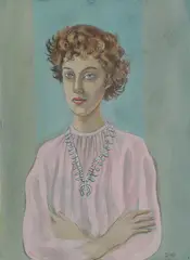 Self Portrait of the Artist with Turquoise Squash Blossom ‐ by Dorothy Young Graham, Watercolor and gouache on card, sold Apr 2023