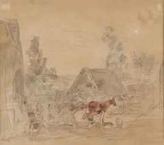 Eugène Louis Boudin, Farmyard with Animals and Figures, Watercolor over pencil on paper