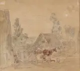 Eugène Louis Boudin, Farmyard with Animals and Figures, Watercolor over pencil on paper