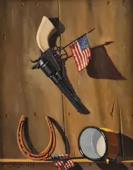 Jack J. Hartert, Colt Revolver, American Flags, Horseshoe and Cup -, Oil on board