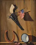 Jack J. Hartert, Colt Revolver, American Flags, Horseshoe and Cup -, Oil on board