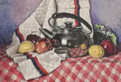 Denise Harrewyn, Still Life with Tea Kettle & Fruit, Oil on canvas