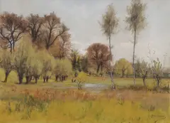 Jules Crosnier, Early Spring Landscape Near Meadow ‐, Watercolor and gouache