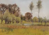 Jules Crosnier, Early Spring Landscape Near Meadow ‐, Watercolor and gouache