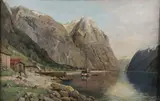 Continental School, A Fjord with Figures and Boats, Oil on canvas