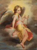 Heavenly Angel with Harp by French School, Oil on canvas laid down, sold Dec 2022