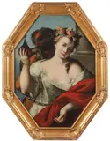 Allegorical of woman with floral crown, wine jug and coins and behind her a man with serpent by Italian School, Oil on octagonal canvas, sold Dec 2022