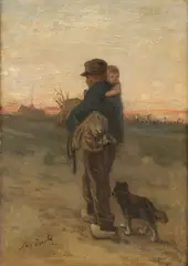 Wood Gatherer and Child at Dusk - by Jozef Israëls, Oil on wood panel, sold Dec 2022