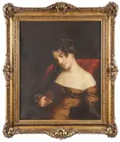 Love Sick-portrait of young woman holding miniature portrait by George Henry Harlow, Oil on canvas, offered Dec 2022