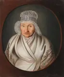Portrait of an Old Woman in a White Bonnet and Embroidered Shawl in a Feigned Oval by French School, Oil on Canvas, sold Dec 2022