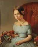 Portrait of Young girl holding basket of flowers by French School, Oil on canvas, sold Dec 2022