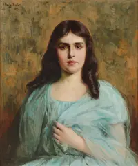 Henry Mosler, A Beautiful Debutante in Blue Silk Dress -, Oil on canvas laid down