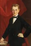 Josepph Mathaüs Aigner, Portrait of a Young Man in Formal Dress Standing in Front of a Red Curtain -, Oil on canvas