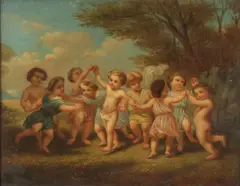 Putti Dancing in a Forest by Continental School, Oil in canvas, sold Dec 2022