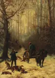 Léon Becker, Scene of Hunting in Snowy Wooded Landscape, Oil on canvas laid down