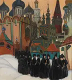 Leonid and Rimma Brailovsky, Evening Church Procession in Old Russia -, Oil on wood panel