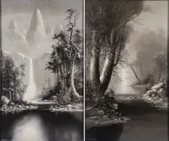 A. D. M. Cooper, Yosemite Falls and Riverscape -, Oil on canvas in grisaille
