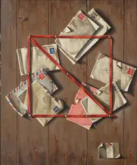 Jack J. Hartert, Letters and silk ribbon on wood wall -, Oil on board