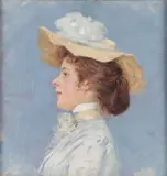 Profile Portrait of a Woman with Feathered Hat and Silk Scarf by American School, Oil on paper laid down on artist board, sold Dec 2022