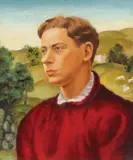 Portrait of a Young Man in a Rolling Landscape with Sheep by American School, Oil on canvas laid down on artist board, sold Dec 2022