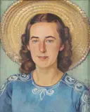 Portrait of a Girl in Straw Hat - by American School, Oil on wood panel, sold Dec 2022