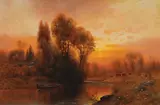 Karl Eugene Felix, River Landscape at Sunset, Oil on canvas