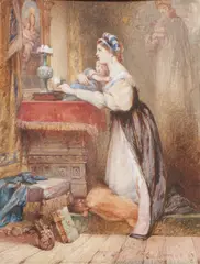 Charles Cattermole, A Mother and Child Praying Before an Image of the Virgin -, Watercolor