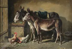 Thomas Sidney Cooper, Donkeys and chickens in barn -, Oil on canvas